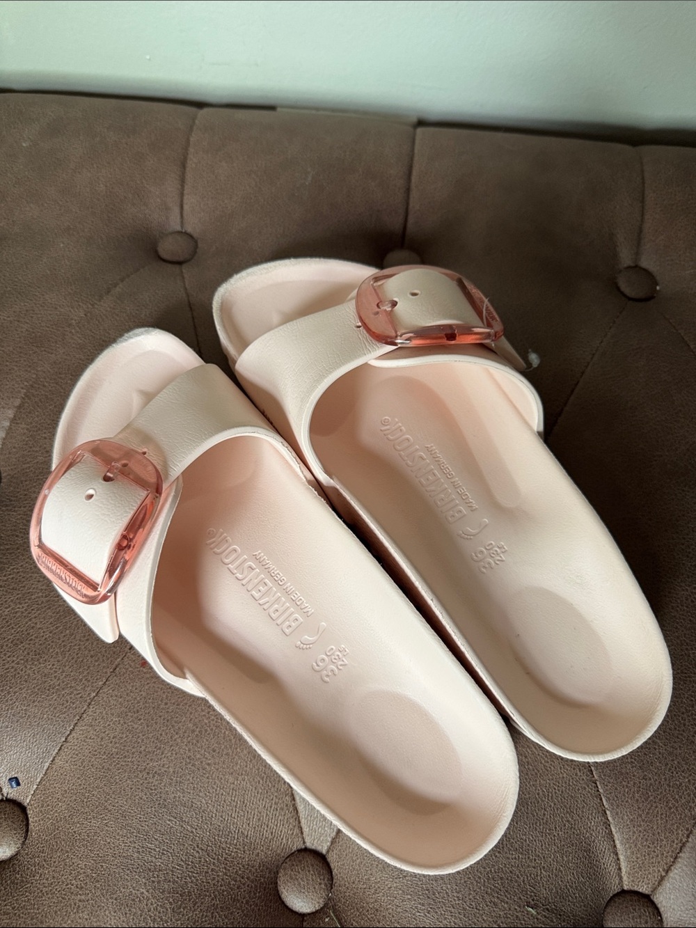 Birkenstock EVA Slide Sandals in Pale Pink with Rose Buckles Size 36